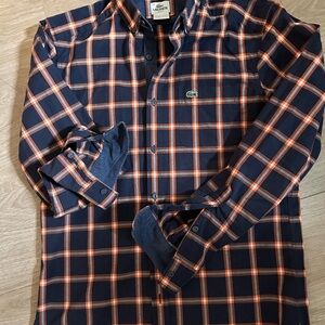 Lacoste Men's Blue and Orange Plaid Shirt